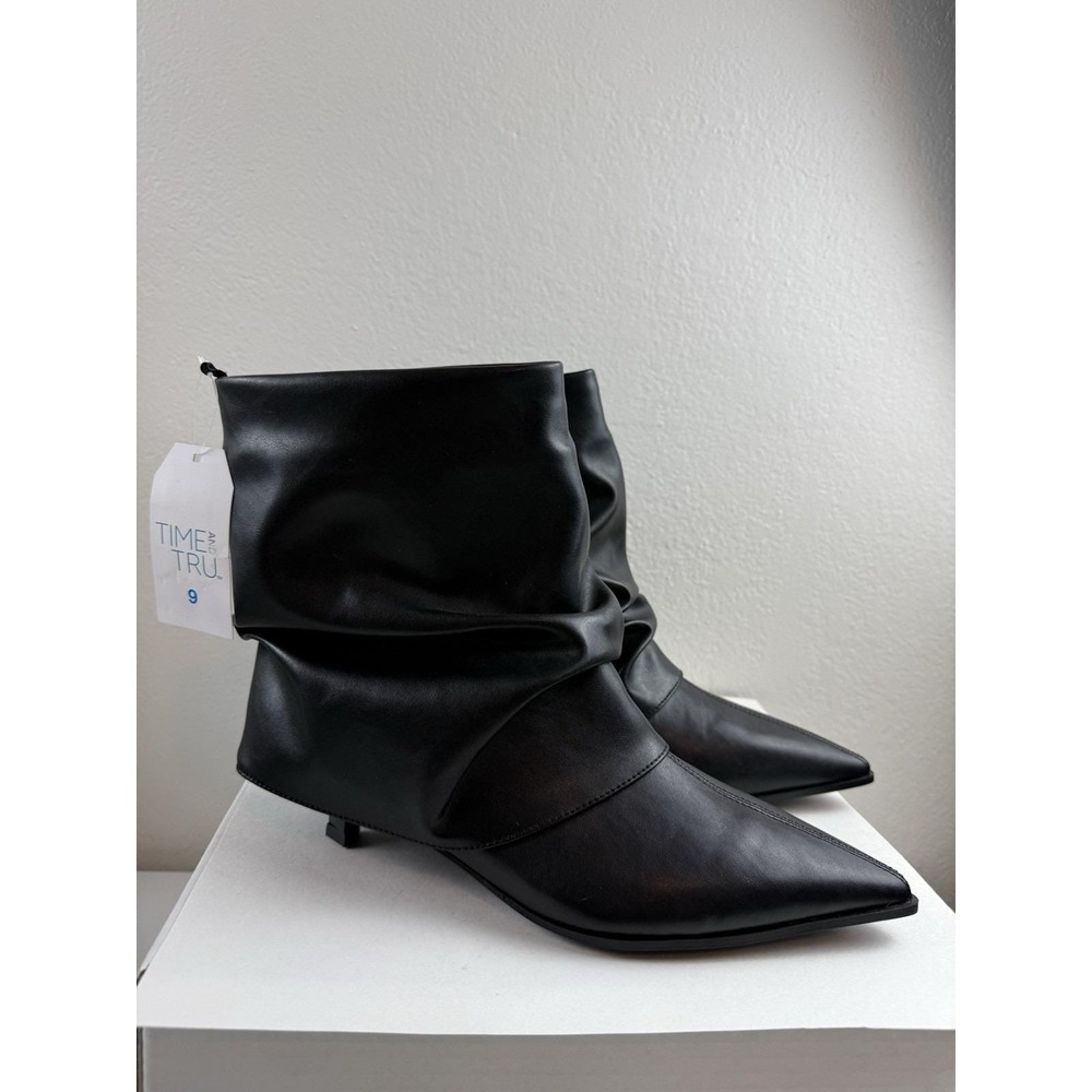 Time And Tru Black Scrunch Fold Over Pointed Toe Kitten Heel Boots Womens Sz 9 - Picture 4 of 9